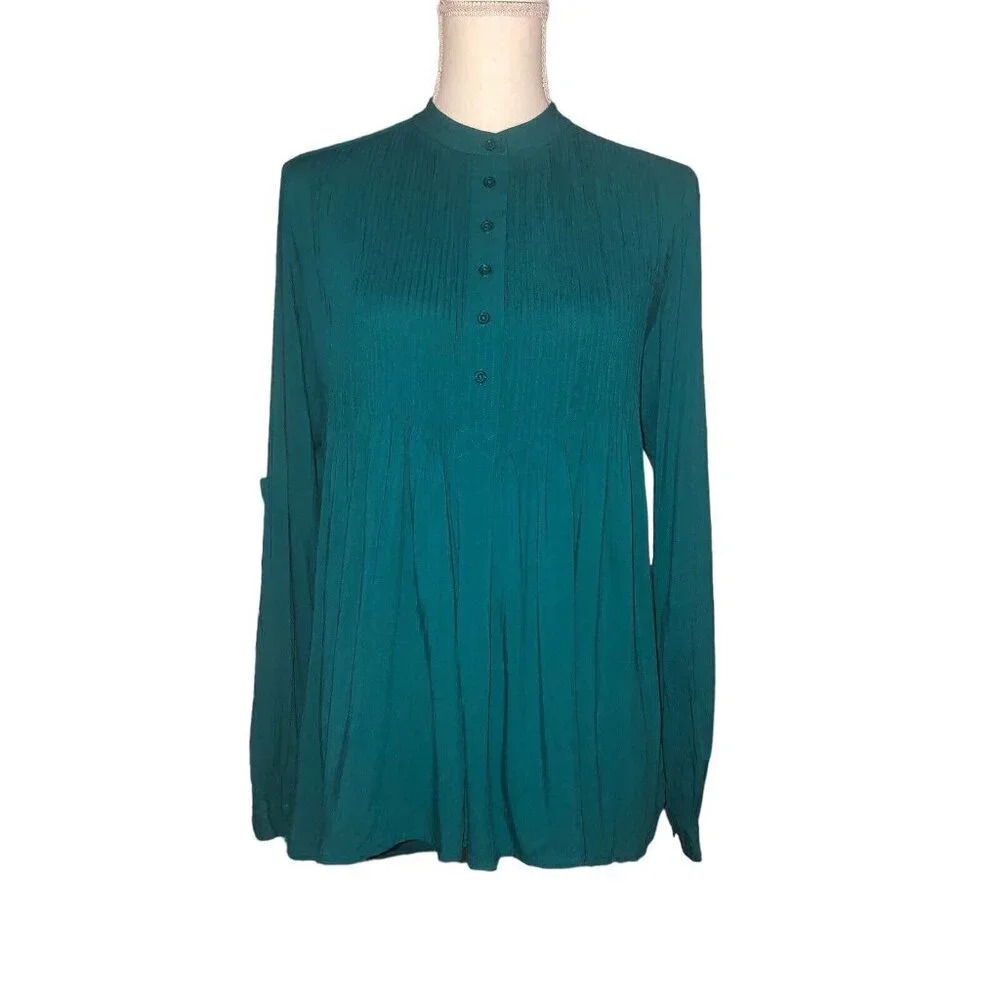 SUNDANCE Sz S Women's Teal BOHO Pin-Tucked Popover Long Sleeve Top Blouse Tunic